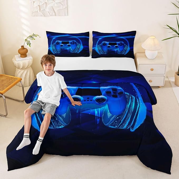 Feelyou Gamer Bedding Set Kids Video Game Gamepad Comforter Set for Boys Teens Gaming Headset Comforter Breathable Blue Game Controller Duvet Set Room Decor Quilt Set Queen Size