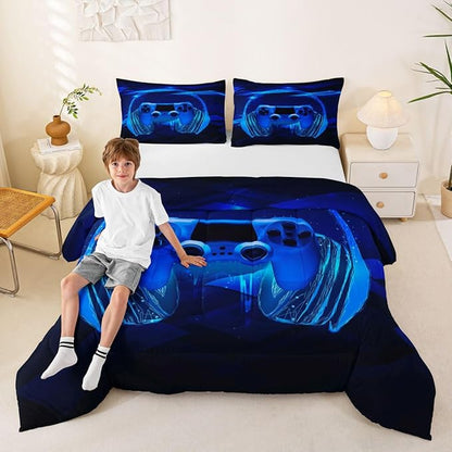 Feelyou Gamer Bedding Set Kids Video Game Gamepad Comforter Set for Boys Teens Gaming Headset Comforter Breathable Blue Game Controller Duvet Set Room Decor Quilt Set Queen Size