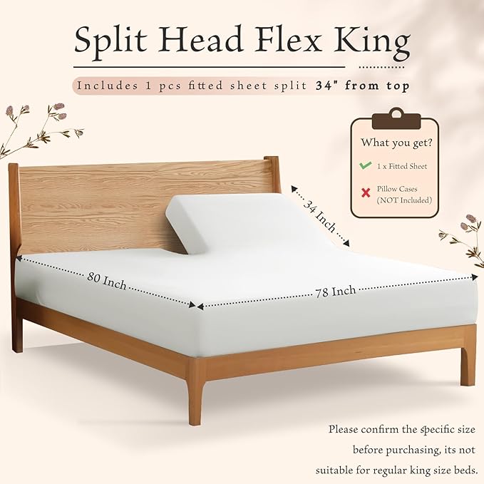 SiinvdaBZX Split Top King Fitted Sheet Only for Adjustable Bed, Ultra-Soft Microfiber 34 Inch Top Split Head Sheets Half Split King Bottom Sheet, Fits 14" -16" Deep Pocket, White