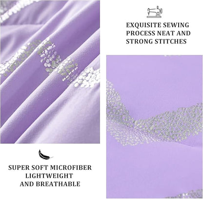 Menghomeus Purple/Silver Comforter Set Full Metallic Print Glitter Bed Comforter Cute Shinny Bedding for Teen Girls Kids Women, 4 Piece (2 Pillowcases, 1 Decorative Pillow Sham)