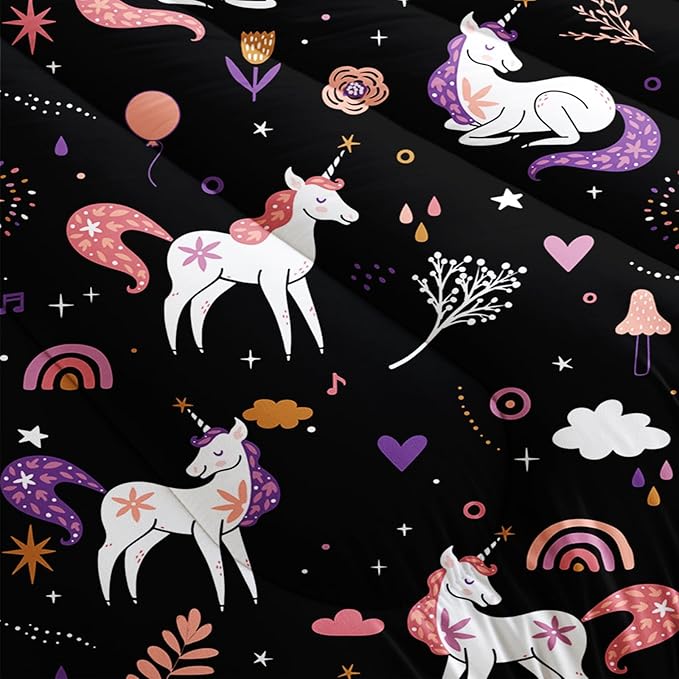 Unicorn 3 Piece Girl Bedding Set King Size,Black 3 Pieces Bedding Set for Girls Kids,Unicorn Comforter Set Girls Room Decor,Rainbow Clouds Star Quilt Set (1 Comforter 2 Pillowcase),All Seasons