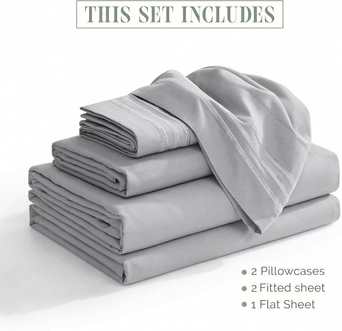 Elegant Comfort Luxurious 1500 Premium Hotel Quality Microfiber Three Line Embroidered Softest 5-Piece Bed Sheet Set, Wrinkle and Fade Resistant, Split King, Silver