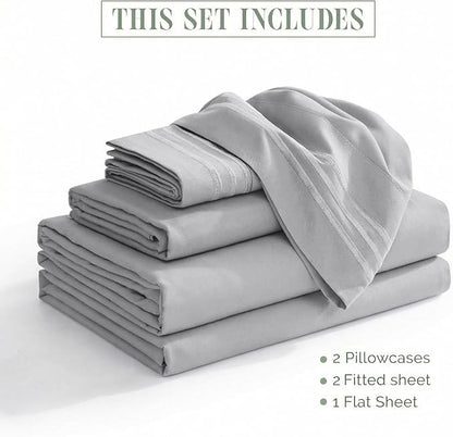 Elegant Comfort Luxurious 1500 Premium Hotel Quality Microfiber Three Line Embroidered Softest 5-Piece Bed Sheet Set, Wrinkle and Fade Resistant, Split King, Silver