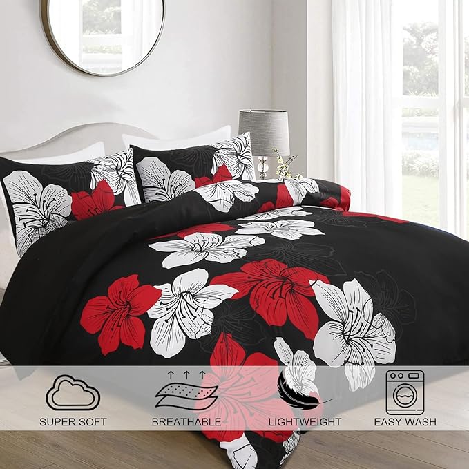 Menghomeus Black Red Comforter Set California King Colorful Floral Comforter Modern Cal King Bedding Sets with 2 Pillowcases Lightweight Boho Bed Set for All Season