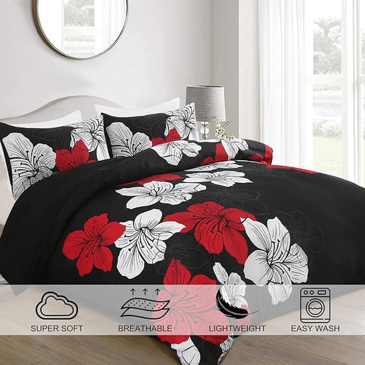 Menghomeus Black Red Comforter Set California King Colorful Floral Comforter Modern Cal King Bedding Sets with 2 Pillowcases Lightweight Boho Bed Set for All Season