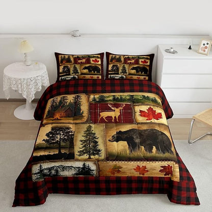 Erosebridal Rustic Comforter Set King, Farmhouse Deer Bear Cabin Plaid Christmas Bedding, Country Western Bedding Set, Woodland RV Duvet Insert, Maple Leaf Lodge Quilt Comforter, Burgundy Red Brown
