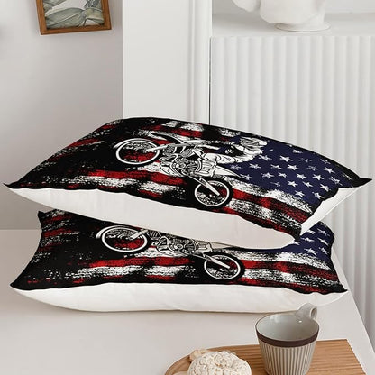 Axolotl Dirt Bike Comforter Set Queen,American Flag Bedding Set,Motocross Comforter Set,White Red Stripes Stars Comforter Set,Motorcycle Racer Comforter for Boys Kids Teens Men,1 Quilt 2 Pillowcases