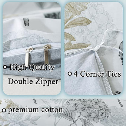 FADFAY Floral Duvet Cover Set Twin XL 100% Cotton College Bedding Ink Grey Hydrangea Comforter Cover Set Soft Breathable Farmhouse Dorm Room School Bedding Twin Extra Long with Zipper 3 Pieces