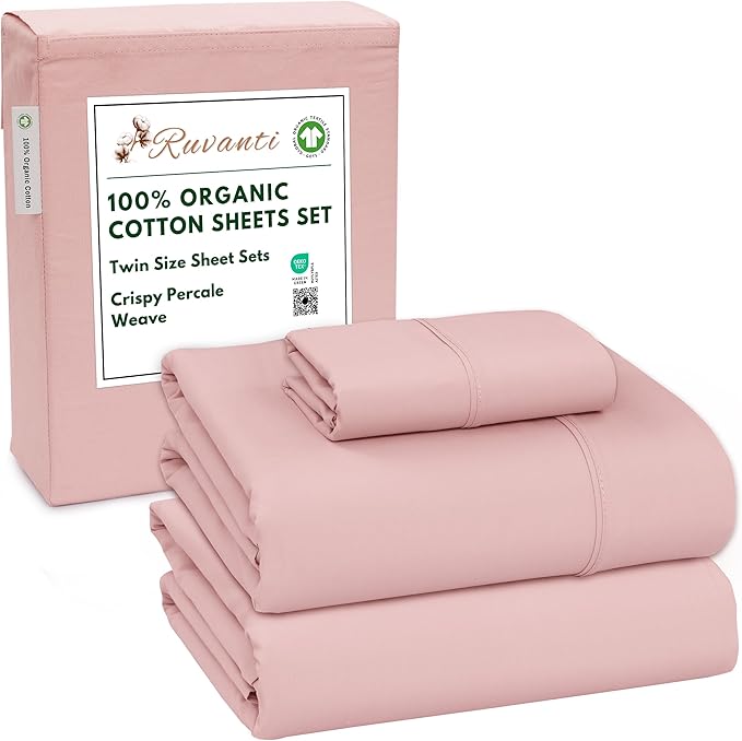 RUVANTI 100% Organic Cotton Sheets Twin Size, Percale Weave, GOTS Certified, 3-Piece Set, Deep Pocket 15", Crisp & Breathable, Soft Durable Bedding, Sábanas Algodón Orgánico – Peach Skin