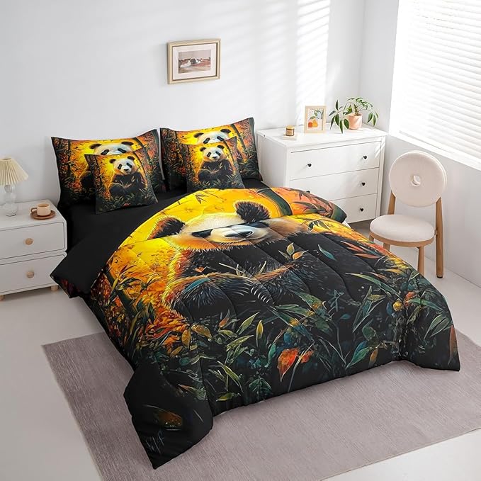 Feelyou Cute Panda Comforter Set 7 Pieces Twin Size Kawaii Bear Bedding Set for Boys Girls Nature Yellow Bed in a Bag with Comforter, Sheets, Pillowcases & Cushion Covers