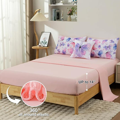 A Nice Night 6pcs Bed in A Bag Watercolor Ink Wash Tie-Dye Butterfly Printed, Butterflies Flying Bedding Comforter Set, Twin，Purple