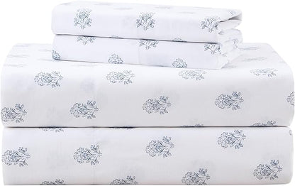 Comfort Spaces 100% Cotton Sheets Cal King, Breathable, Naturally Cool Cotton Sheets, Soft Cotton Bed Sheets with 14" Elastic Pocket Fits up to 16" Mattress, All Seasons Sheet Set, Floral Blue 4 Piece