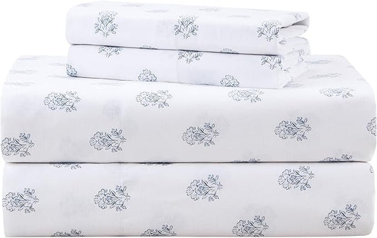Comfort Spaces 100% Cotton Sheets Cal King, Breathable, Naturally Cool Cotton Sheets, Soft Cotton Bed Sheets with 14" Elastic Pocket Fits up to 16" Mattress, All Seasons Sheet Set, Floral Blue 4 Piece