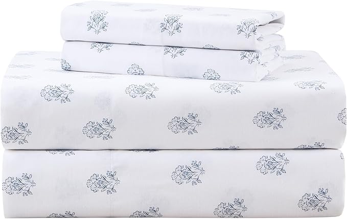 Comfort Spaces 100% Cotton Sheets Twin XL, Breathable, Naturally Cool Cotton Sheets, Soft Cotton Bed Sheets with 12" Elastic Pocket Fits up to 14" Mattress, All Seasons Sheet Set, Floral Blue 3 Piece