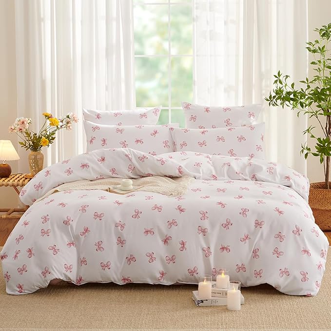 White Twin Comforter Set - Pink Bow Quilt Bedding Set 2 Pieces, Comforter Set Twin Size, Soft & Lightweight Comforter(68‘’ x 90‘’) for Girl All Season & 1 Pillowcase(30‘’x20‘’)