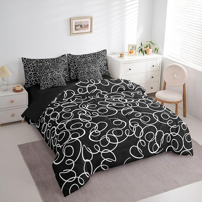 Erosebridal Black White Geometric 7 Piece Comforter Set King Abstract Line Modern Art Bedding Set for Kids Teens Boys Chic Swirls Bed in A Bag Texture Artwork Sheet Set Bedroom Decor