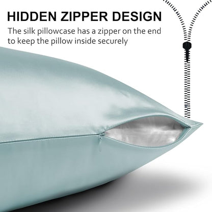 Ravmix Silk Pillow Cases 2 Pack with Zipper, 21momme Mulberry Silk Pillowcase for Hair Skin, Soft Smooth Breathable Cool Pillow Cover for Beauty Sleep with Gift Box(Queen 20"x30", Aqua)