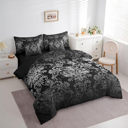 Erosebridal Gothic Damask Bed in a Bag King Size Comforter Set 7 Pieces,Exotic Moth Bedding Sets White Black Victorian Floral Goth Sheet Set with Comforter