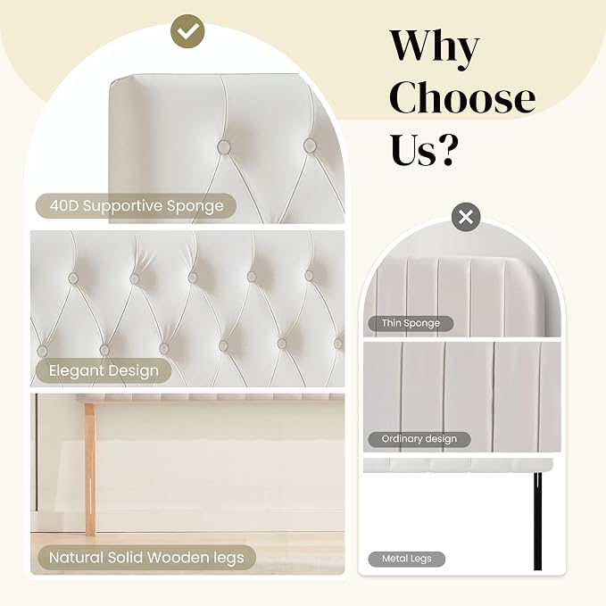 Tufted Upholstered King Size Bed Headboard in Modern Button Design, Adjustable Solid Wood Head Board, Premium Velvet Fabric Padded Headboards in Bedroom (White)