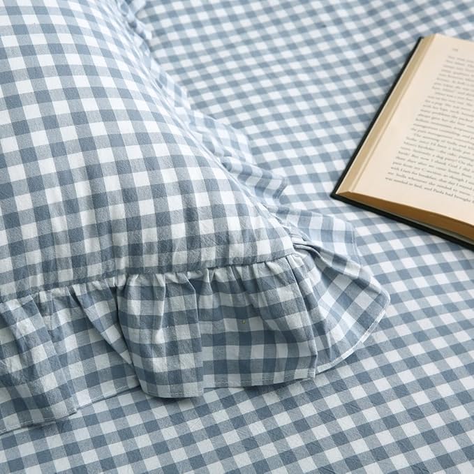 Light Blue/White Plaid Ruffle Duvet Cover Queen Size,100% Washed Cotton 3 Pieces Shabby Checkered Chic Gingham Bedding Set Comforter Cover Set