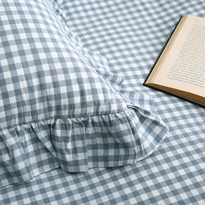 Light Blue/White Plaid Ruffle Duvet Cover Queen Size,100% Washed Cotton 3 Pieces Shabby Checkered Chic Gingham Bedding Set Comforter Cover Set