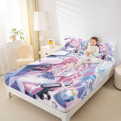 Erosebridal Kawaii Japanese Girl Fitted Sheet for Boys Girls Kids Cartoon Anime Queen Bed Sheets,Girls Gamer Sheets 3D Japanese Style Bedding Sets, No Top Sheet