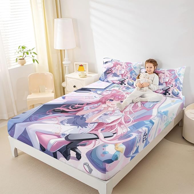 Erosebridal Kawaii Japanese Girl Fitted Sheet for Boys Girls Kids Cartoon Anime Full Bed Sheets,Girls Gamer Sheets 3D Japanese Style Bedding Sets, No Top Sheet