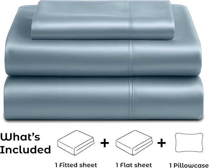 Pure Bedding Satin Sheets Twin [3-Piece, SkyBlue] Hotel Luxury Silky Bed Sheets - Extra Soft 1800 Microfiber Sheet Set, Wrinkle, Fade, Deep Pocket Fitted Sheet, Flat Sheet, Pillow Cases