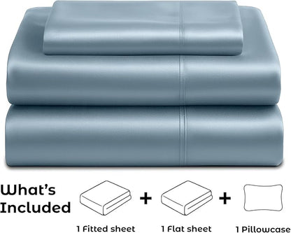 Pure Bedding Satin Sheets Twin [3-Piece, SkyBlue] Hotel Luxury Silky Bed Sheets - Extra Soft 1800 Microfiber Sheet Set, Wrinkle, Fade, Deep Pocket Fitted Sheet, Flat Sheet, Pillow Cases