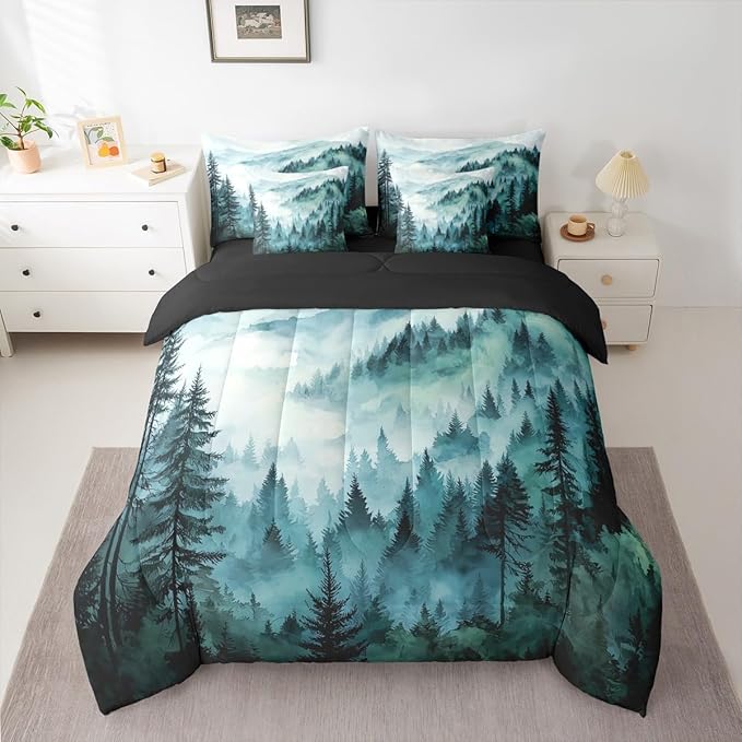 Erosebridal Green Teal Misty Forest Queen Comforter Set with Sheets 7 Piece Mountain Foggy Woodland Bed in A Bag Rustic Pine Tree Bedding Sets for Kids Adults,Watercolor Nature Theme Bed Set