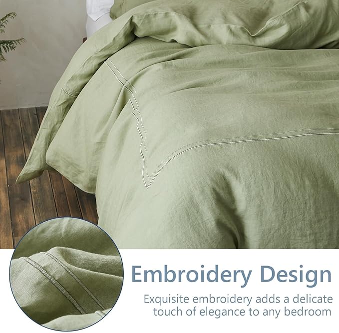 Simple&Opulence 100% Washed Linen Duvet Cover Set 78"x86" - 3 Pieces Soft Farmhouse Comforter Set Double Embroidered with Button Closure - 1 Duvet Cover and 2 Pillowshams (Sage Green, Full)