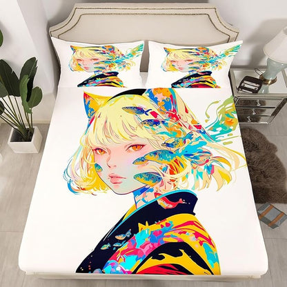 3D Anime Bed Sheets Japanese Girl Style Bed Set Full for Cartoon Fans Fitted Sheet, Kawaii Anime Design Pattern Sheets with 2 Pillow Cases, Anime Gifts for Girls Anime Lover