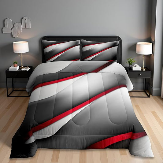 Castle Fairy Modern Gray Red Black Comforter Set Twin Size Abstract Stripes Quilt Set 2pcs for Kids Youth Men Women Bedroom Decor 3D Stripes Bedding Set Gradient Simple Duvet Insert,1 Pillowcase