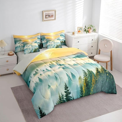 Erosebridal Smoky Mountain Twin Comforter Set with Sheets 7 Piece Gold Sun Sunrise Bed in A Bag Woodland Pine Tree Bedding Sets for Kids Adults,Natrue Bed Set