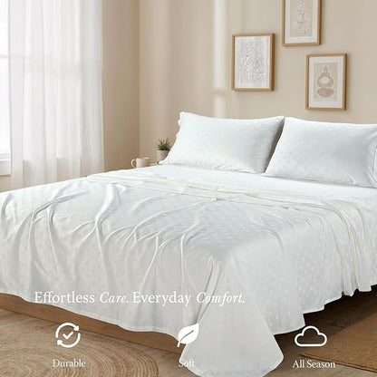Threadmill Cotton Queen Sheet Set - 100% Cotton Damask Jacquard Sheets With 16" Deep Pocket - Soft Sateen Weave 4-Piece Cooling Bedding for Queen Size Bed - White