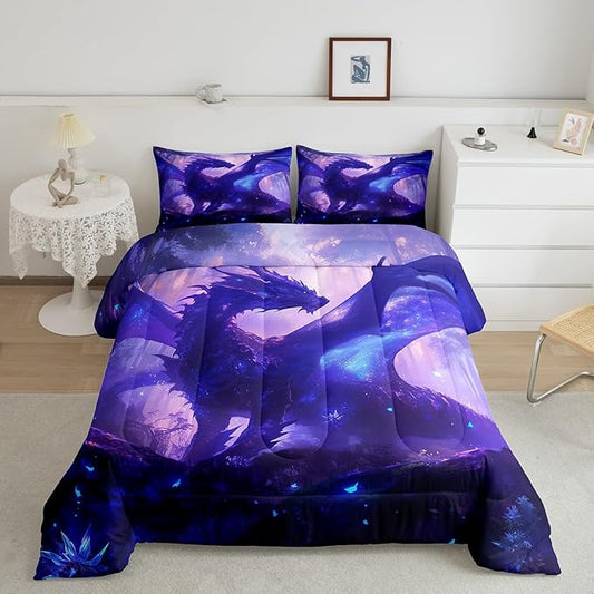 Feelyou Dragon Comforter Set - Toddler Size Jungle Dragon Bedding Set for Boys & Girls - Purple Quilt Set with Wild Animal Duvet Set