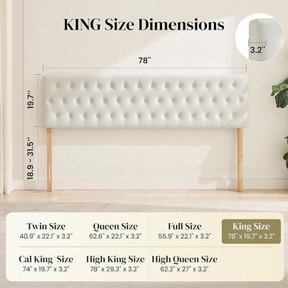 Tufted Upholstered King Size Bed Headboard in Modern Button Design, Adjustable Solid Wood Head Board, Premium Velvet Fabric Padded Headboards in Bedroom (White)
