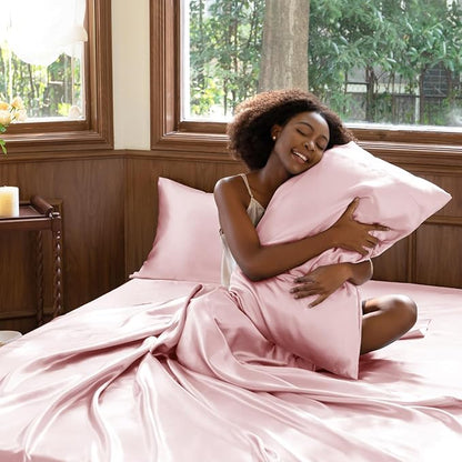 CozyLux Satin Sheets Queen Size Bed Set - 4 Piece Silky Queen Sheet Set, Luxury Dirty Pink Queen Sheets with Smooth and Soft Microfiber, Includes 1 Fitted Sheet, 1 Flat Sheet and 2 Pillowcases