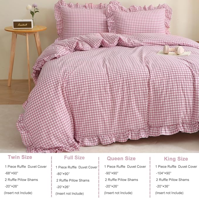 Vintage Pink/White Plaid Ruffle 3-Piece Duvet Cover Set Twin Size,Washed Cotton Shabby Gingham Checkered Bedding Set Farmhouse Comforter Set