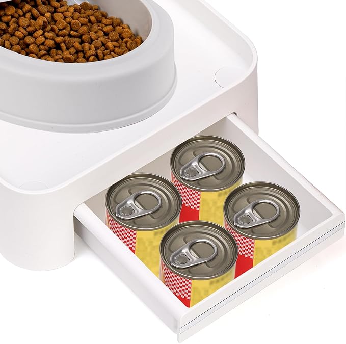 Raised Pet Feeder Stand for Cats and Dogs Neck Health, Adjustable Height Elevated Shelf Suitable for 90% Automatic Pet Feeder & Water Dispenser, with Drawer to Stock Pet Snacks, Canned Food