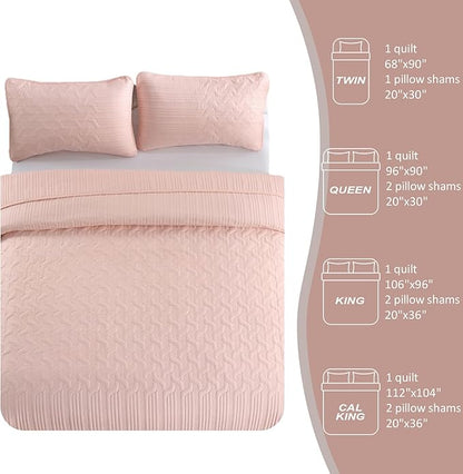 Yiran Blush Pink Quilt Set Queen Size, 3 Piece Reversible Bedspreads Bedding Set, Fall Wave Striped Pattern Coverlet for All Season with 2 Pillow Shams (Full/Queen, 96x90 Inch)