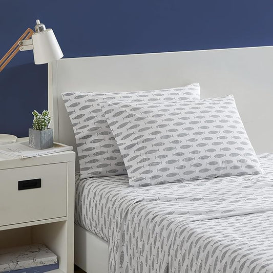 Nautica - Queen Sheets, Cotton Percale Bedding Set, Crisp & Cool, Coastal Home Decor (Woodblock Fish Grey, Queen)