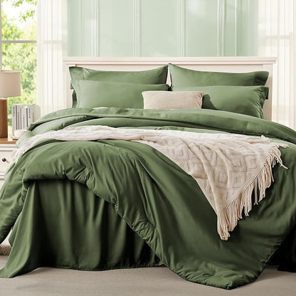 Anluoer Queen Comforter Set 7 Pieces, Green Bed in a Bag Queen Size, Lightweight Bedding Set with 1 Comforter, 2 Pillowcases, 2 Pillow Shams, 1 Flat Sheet, 1 Fitted Sheet