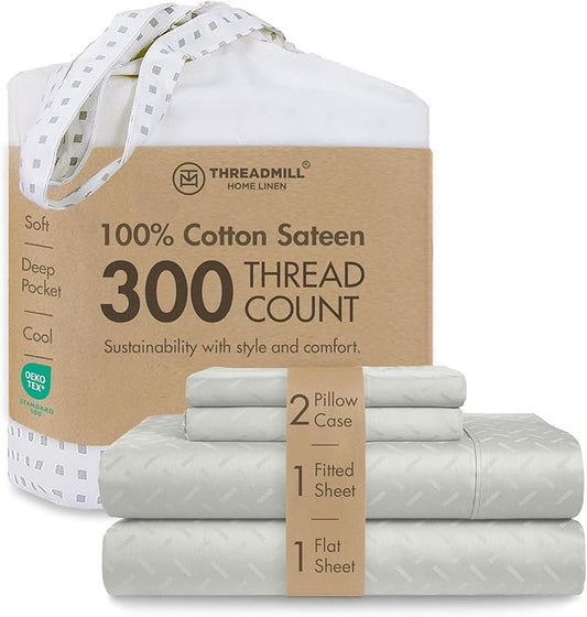 Threadmill Cotton Full Size Sheet Set | 100% Cotton Sheets for Full Size Bed | Damask Jacquard Full Bed Sheets Set with 16” Deep Pocket | Soft Sateen Weave 4-Piece Cooling Bedding Set | Light Grey