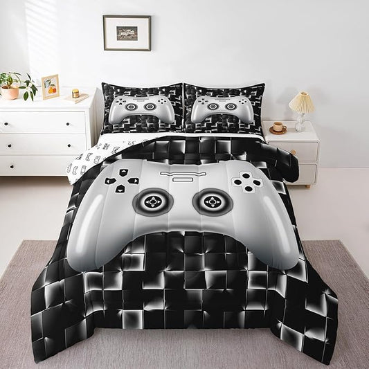 Erosebridal Kids Gaming Bedding Sets for Boys King Black White Gamer Comforter Set Geometric Checkered Game Console Bedding Set for Teen Youth Men 3D Video Game Gamepad Quilt Duvet 3 Piece