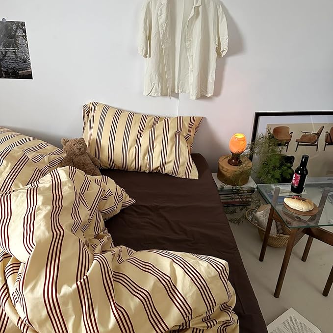 MKXI Twin XL Size Reddish-Brown & Yellow Striped Duvet Cover Set - 3 Piece Vintage Aesthetic Bedding Set, Cotton, Minimalist Design, Soft & Breathable Duvet Cover with Zipper Ties