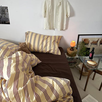 mixinni Retro Striped Duvet Cover Set - 100% Natural Cotton 3-Piece Vintage Red Stripes Pattern Printed Bedding Set, Soft Breathable Comforter Cover with Zipper Closure & Corner Ties, Twin XL Size
