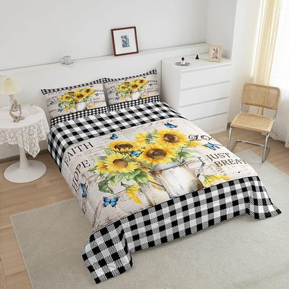 Yellow Sunflowers Queen Size Comforter Set,Rustic Farmhouse Style Down Alternative Comforter Adults Bedroom Decor,Black White Plaid Retro Gingham Ultra Soft Microfiber Inner Fill 3Pcs Bedding