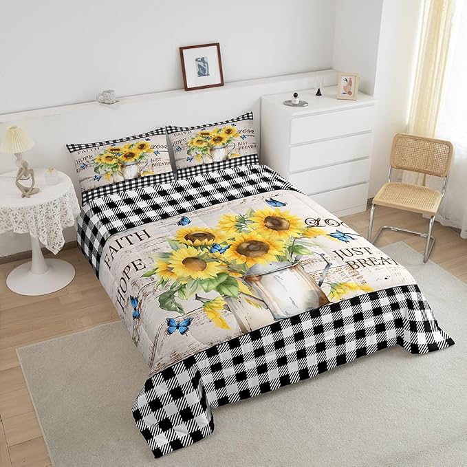 Castle Fairy Yellow Sunflowers Bedding Set for Boys Girls,Rustic Farmhouse Style All Season Cozy Comforter Set Full Size,Black White Plaid Retro Gingham Duvet Set Bedroom Décor,Gift for Kids