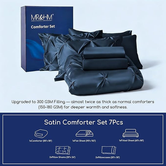 MR&HM Satin Comforter Queen 7 Pieces - Luxurious Pinch Pleat Bedding Set with Comforter, Flat Sheet, Fitted Sheet, Pillowcases & Shams, Super Silky Soft Bed Set for All Season (Queen, Mood Indigo)